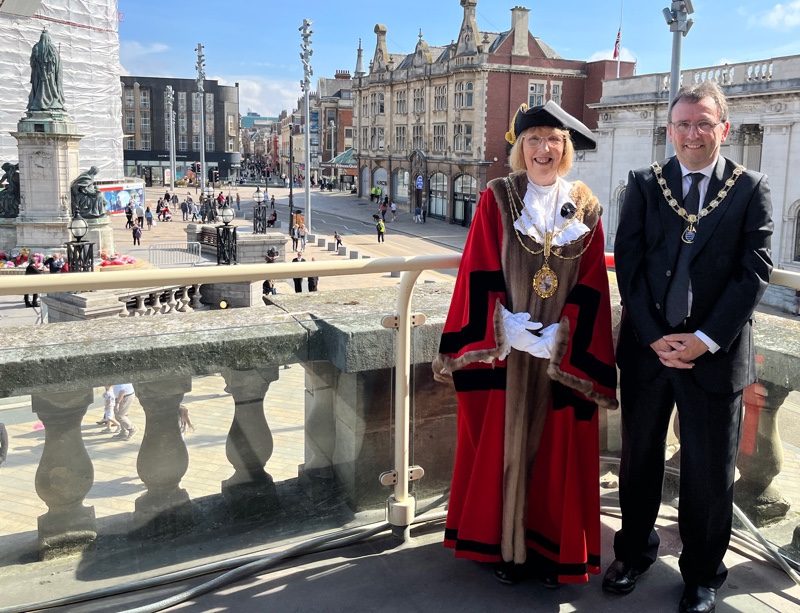 Mayor of Beverley and myself on the balcony at Hull City Hall