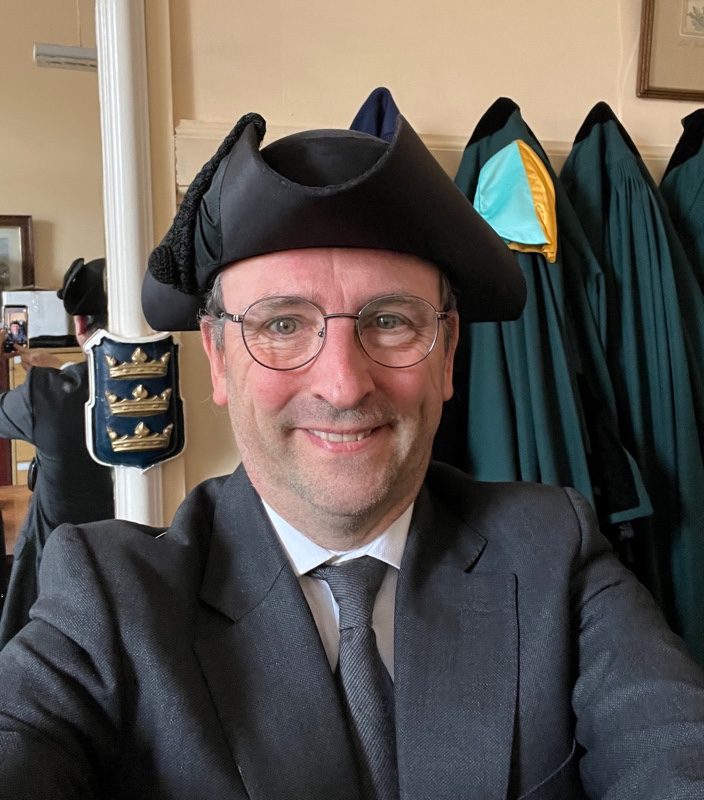 Me trying on a hat in the Mayor's dressing room in the Hull Guildhall.
